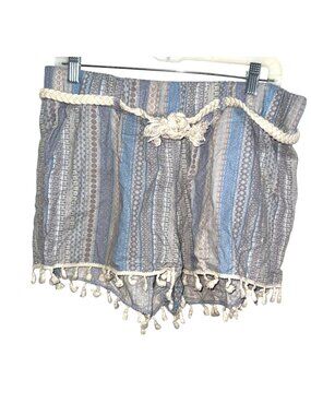 Rewash Womens XL Striped Boho Shorts With Braided Rope Belt & Tassel Trim